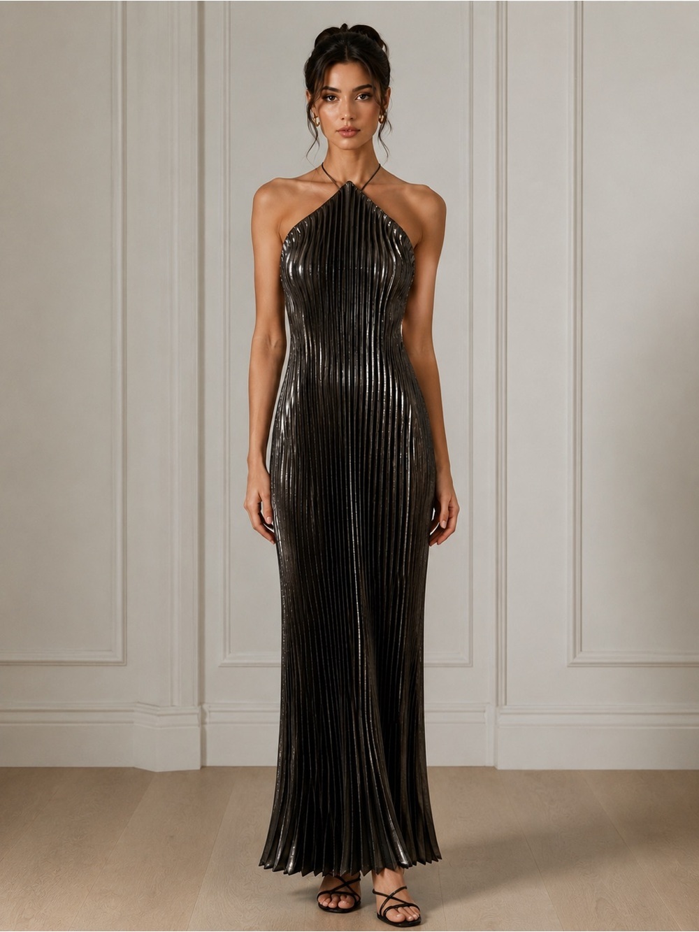 DYNAMITE METALIC PLEATED MAXI DRESS